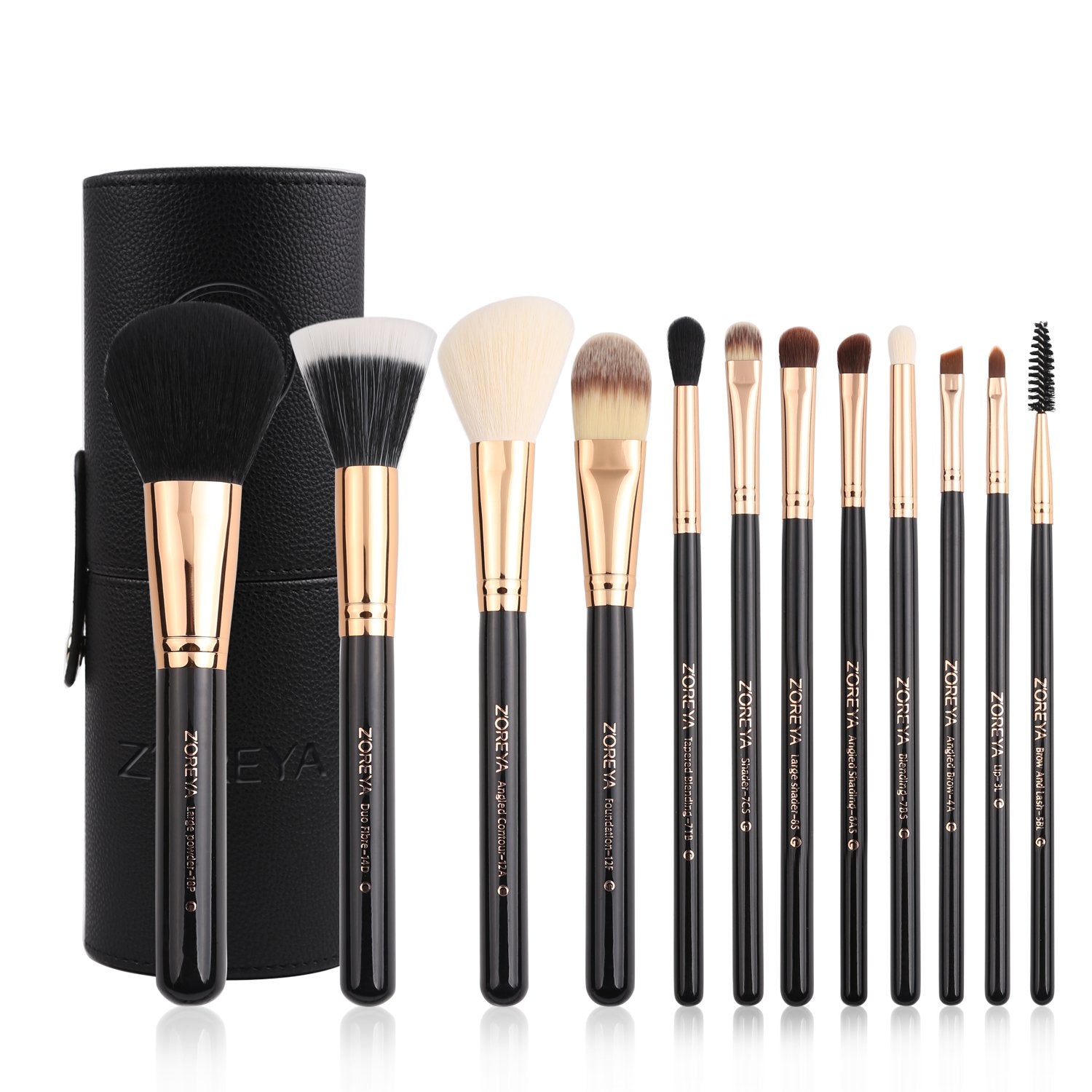 Premium Travel Makeup Brush Set 12 Pieces Essential Cosmetic Tools Synthetic Hair Foundation Powder Eye Cosmetic Brushes with Black Holder