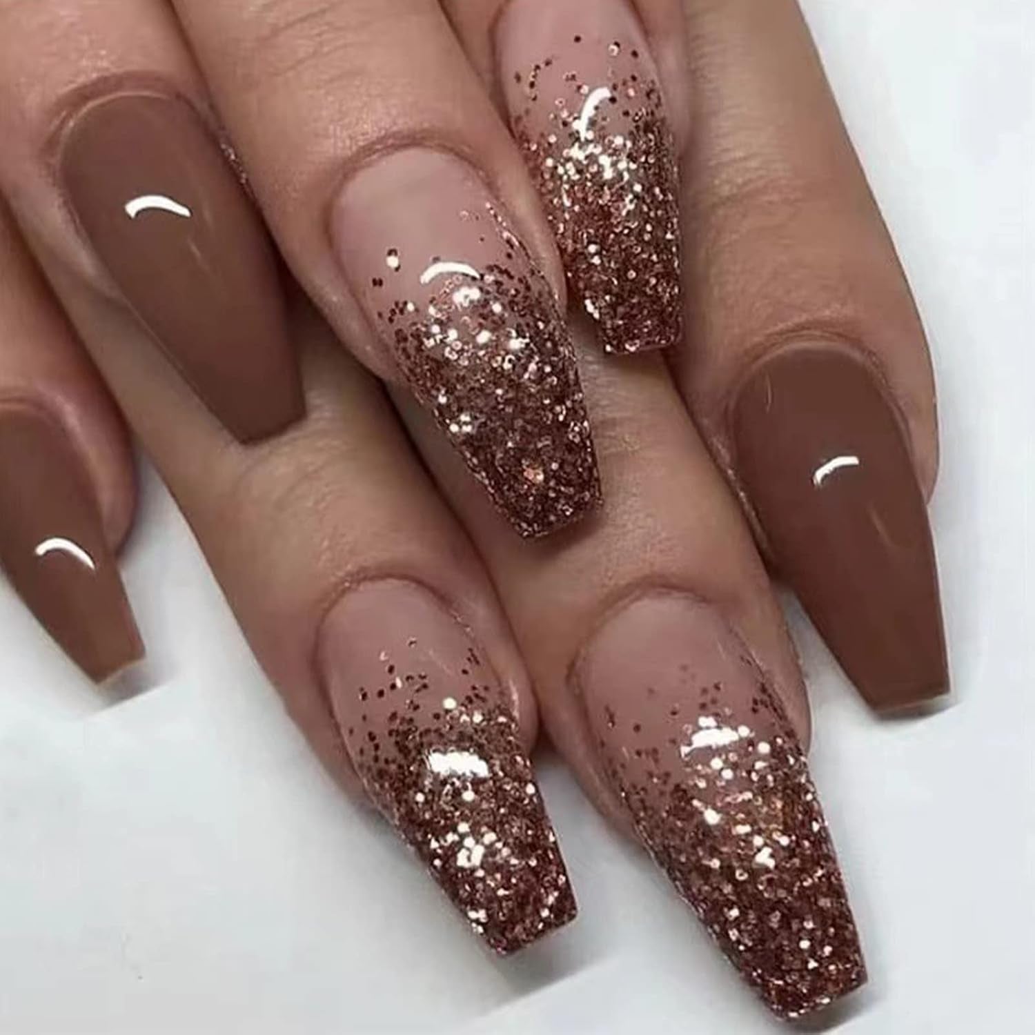 Coffin Press on Nails Medium Ballerina Fake Nails Glossy Glue on Nails Brown Gradient Acrylic Nails with Brown Glitter False Nails Designs 24 Pcs