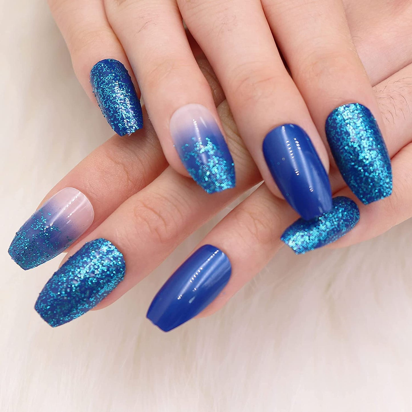 Medium Coffin Press on Nails, Blue Ombre Fake Nails, Glossy Glue on Nails, Sparkly Acrylic Nails, Bling Glitter Artificial Nails, Ballerina False Nails with Design 24 Pcs