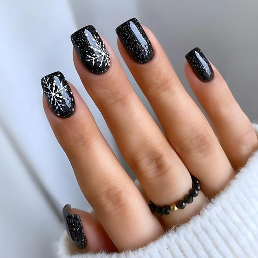 Christmas Press on Nails Medium Fake Nails Black False Nails with White Snowflakes Designs Square Glue on Nails Glitter Stick on Nails Full Cover Acrylic Nails Glossy Artificial Nails for Nail DIY