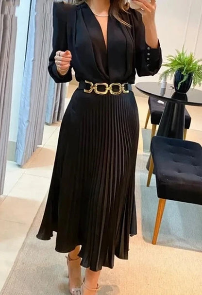 Elegant Women'S Dress 2024 New Temperament Commuting Solid Color Loose Long Sleeve Sexy Deep V-Neck Pullover Pleated Dress