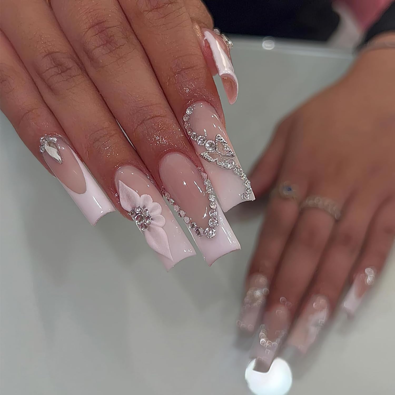 French Tip Press on Nails Long Square Fake Nails Glossy Nude False Nails with 3D Rhinestones Design White French Tip Glue on Nails Flower Butterfly Nail Charms for Women Girls Nail Decor 24Pcs