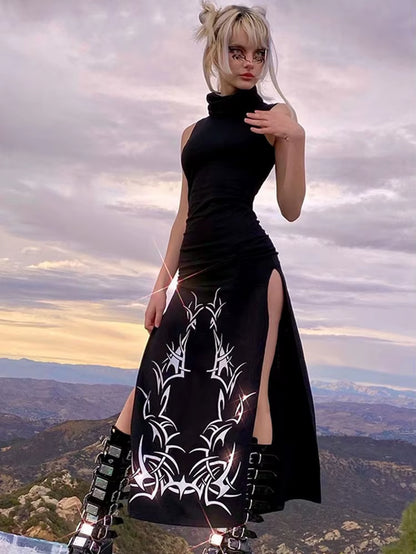 Gothic Print Dress for Women Summer Turtleneck Dark Academia Fashion Long Dress Harajuku Sleeveless Black Dresse