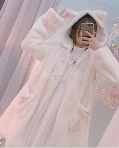 Kawaii Anime Cute Rabbit Ears Hooded for Women Sweet Lovely Plush Velvet Lolita Warm Coat Jacket Parka