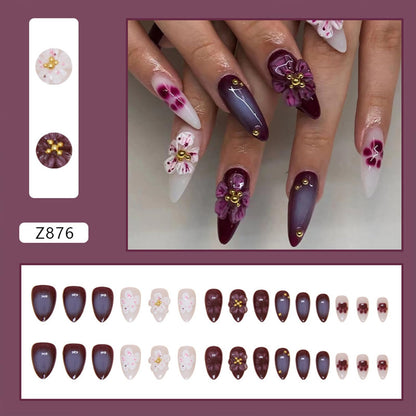 3D Flowers Press on Nails Short Almond Fake Nails with Gold Pearls Cat Claws Designs Gradient False Nails Full Cover Stick on Nails Acrylic Artificial Nails for Women Glue on Nails 30Pcs