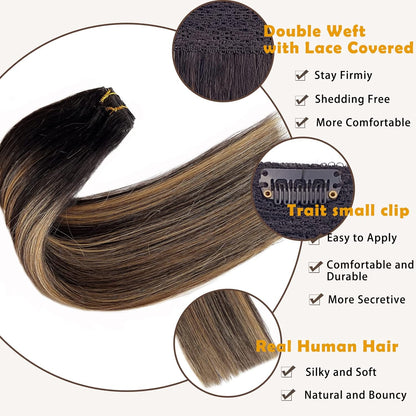 Balayage Lace Clip in Hair Extensions Omber Black with Blonde Highlights Human Hair Clip in Extrnsions 16Inch 100G Blonde Highlights Double Weft Lace Clip on Extensions for Women