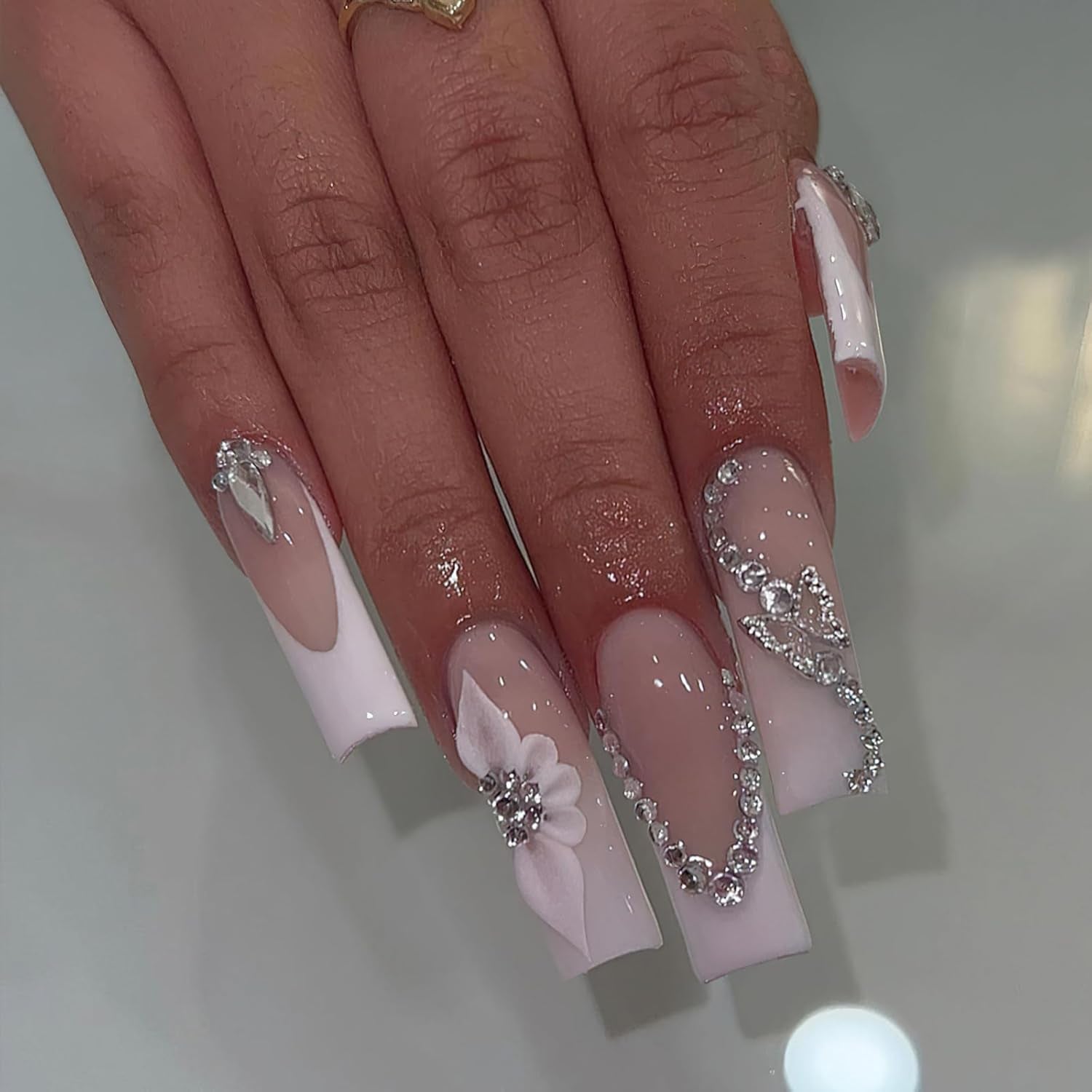 French Tip Press on Nails Long Square Fake Nails Glossy Nude False Nails with 3D Rhinestones Design White French Tip Glue on Nails Flower Butterfly Nail Charms for Women Girls Nail Decor 24Pcs