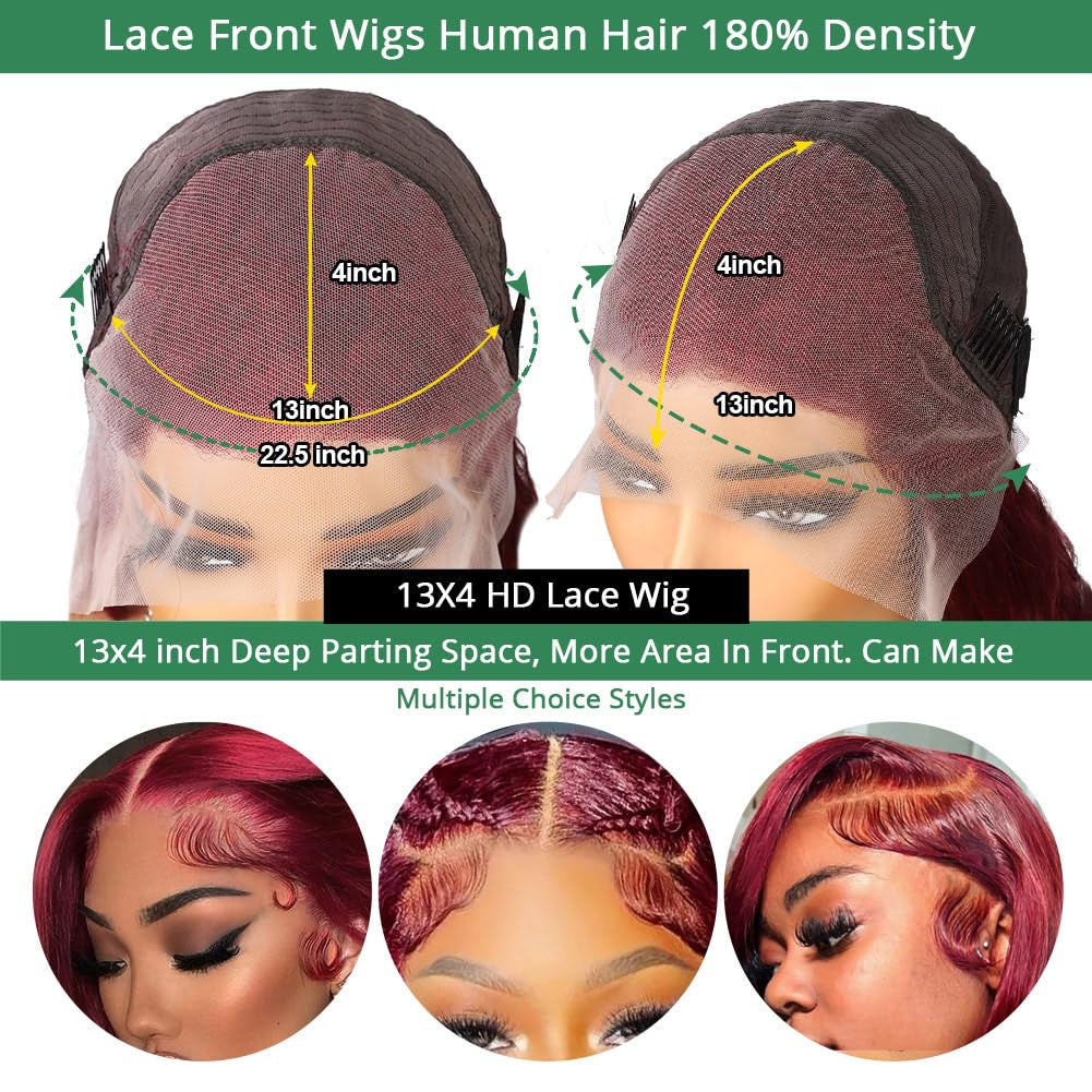 99J Burgundy 13X4 Lace Front Wigs Human Hair 180% Density 28 Inch Straight Lace Front Wigs Human Hair Glueless Wigs Human Hair Wig for Women with Baby Hair