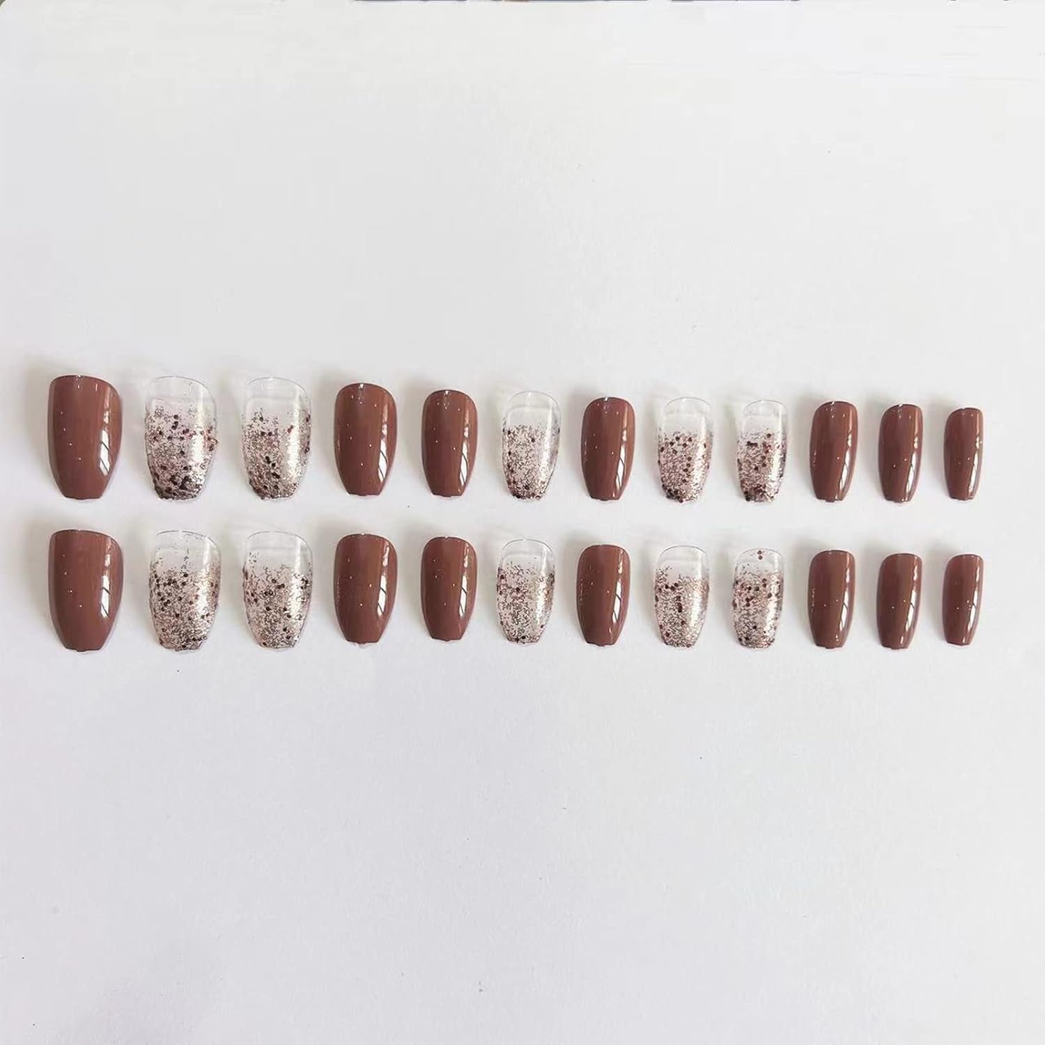 Coffin Press on Nails Medium Ballerina Fake Nails Glossy Glue on Nails Brown Gradient Acrylic Nails with Brown Glitter False Nails Designs 24 Pcs