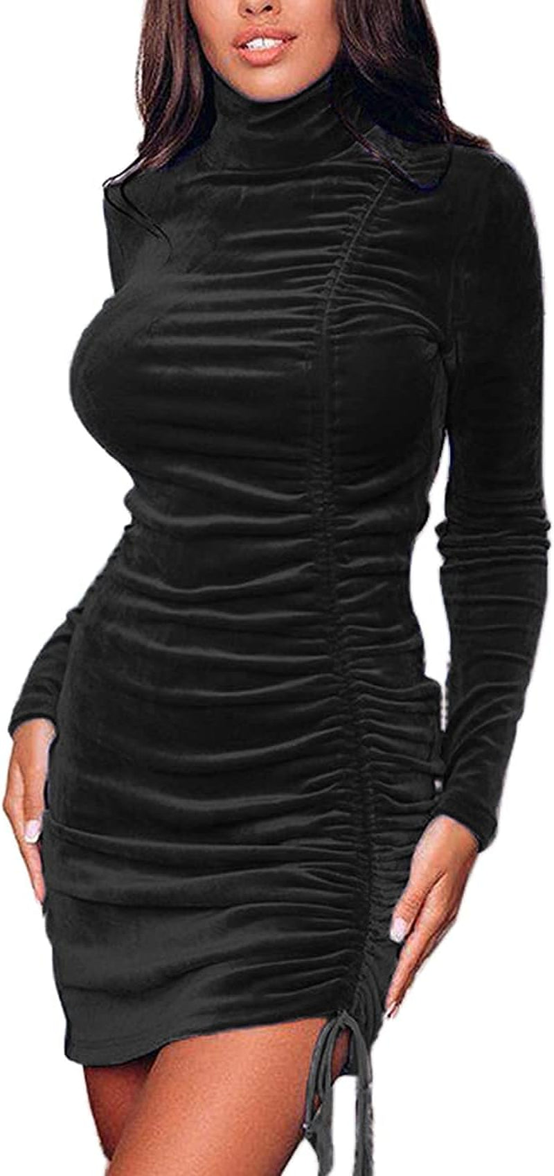 Womens Velvet Long Sleeve Bodycon Dresses, Elegant Turtleneck Wrap Ruched Side Drawstring Cocktail Party Mini Dress (Black, 3XL)