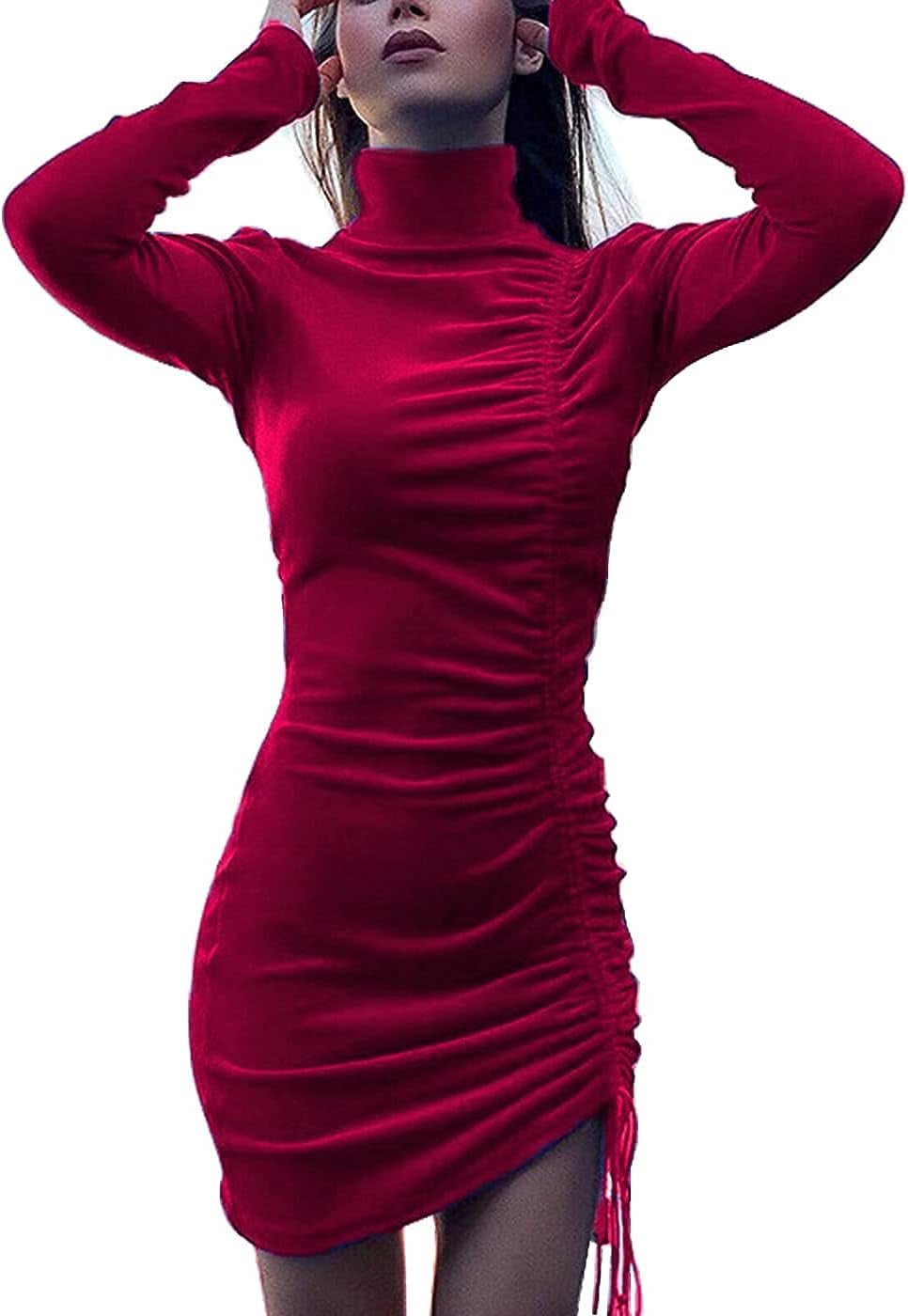 Womens Velvet Long Sleeve Bodycon Dresses, Elegant Turtleneck Wrap Ruched Side Drawstring Cocktail Party Mini Dress (Wine Red, S)