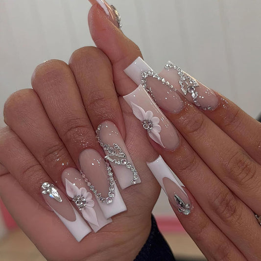 French Tip Press on Nails Long Square Fake Nails Glossy Nude False Nails with 3D Rhinestones Design White French Tip Glue on Nails Flower Butterfly Nail Charms for Women Girls Nail Decor 24Pcs