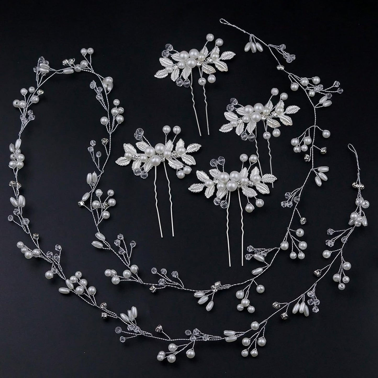 5Pcs Bridal Wedding Hair Accessories Extra Long Pearl Mid-Century Modern Style Hair Rattan Hairpin Accessories (Silver)