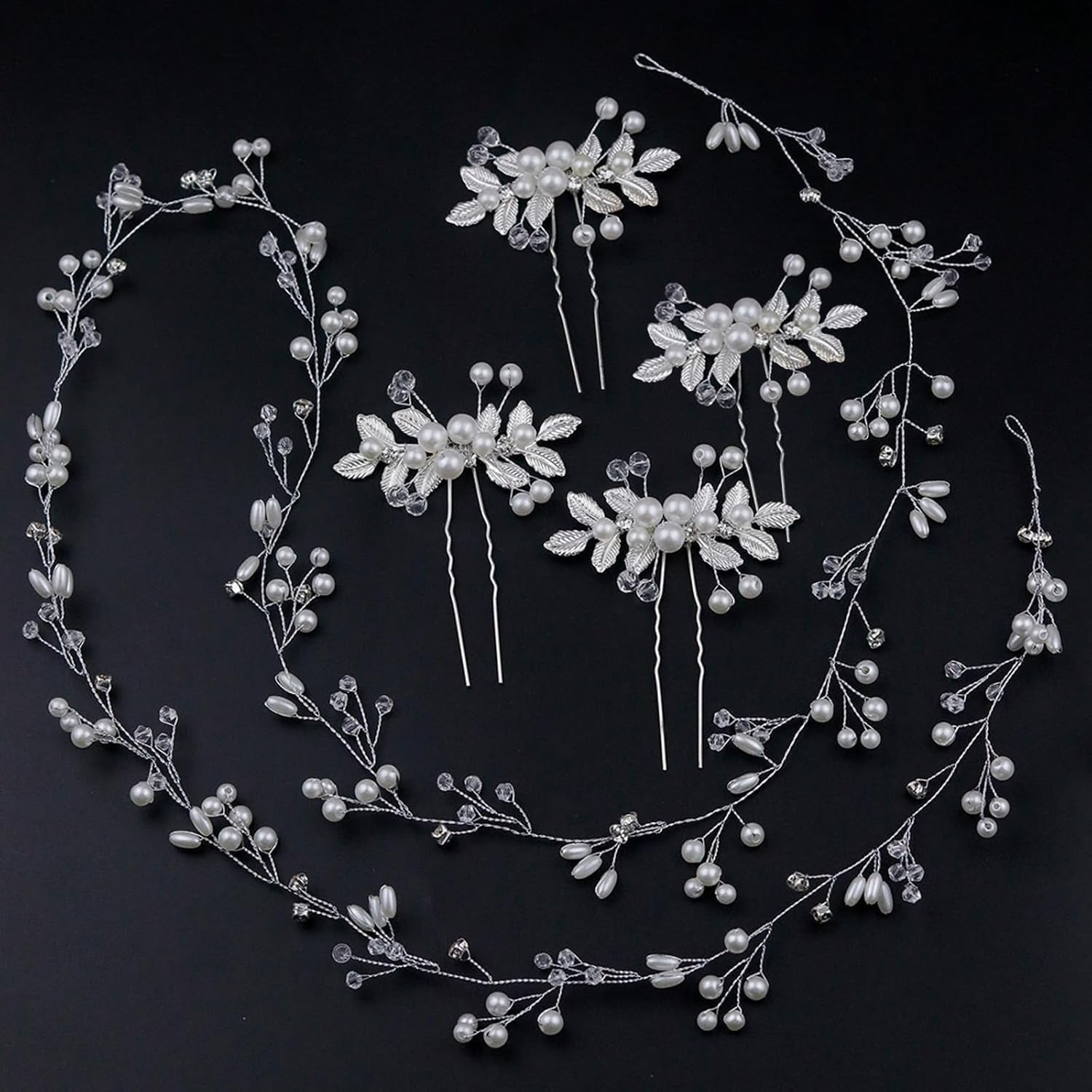 5Pcs Bridal Wedding Hair Accessories Extra Long Pearl Mid-Century Modern Style Hair Rattan Hairpin Accessories (Silver)