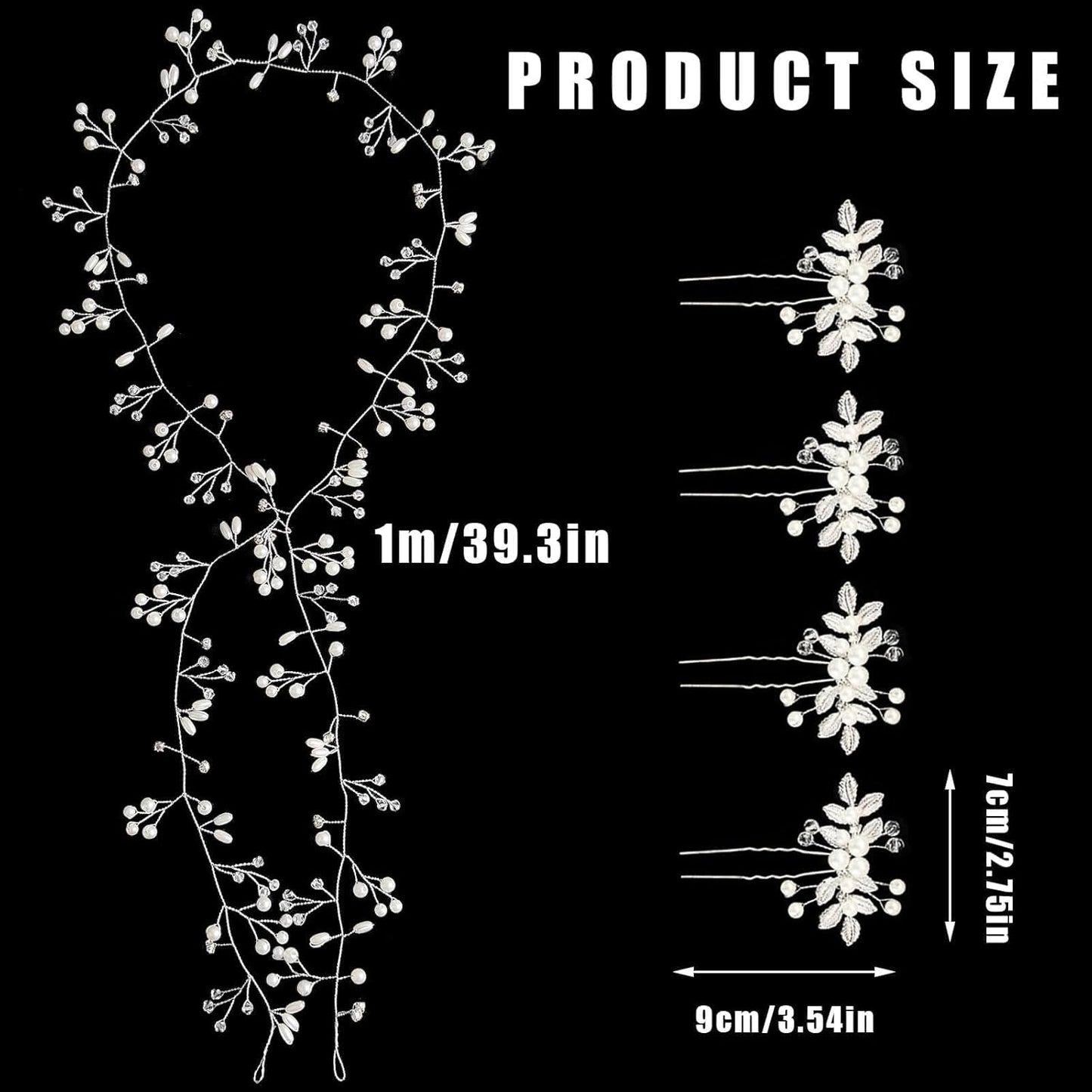 5Pcs Bridal Wedding Hair Accessories Extra Long Pearl Mid-Century Modern Style Hair Rattan Hairpin Accessories (Silver)