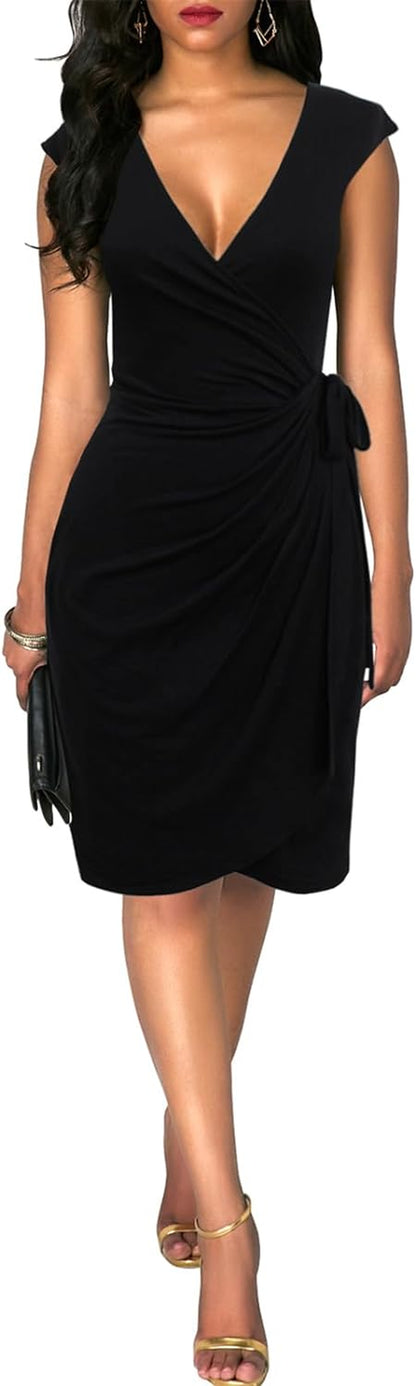 Women'S Vintage V-Neck Sheath Casual Party Work Faux Black Wrap Dress