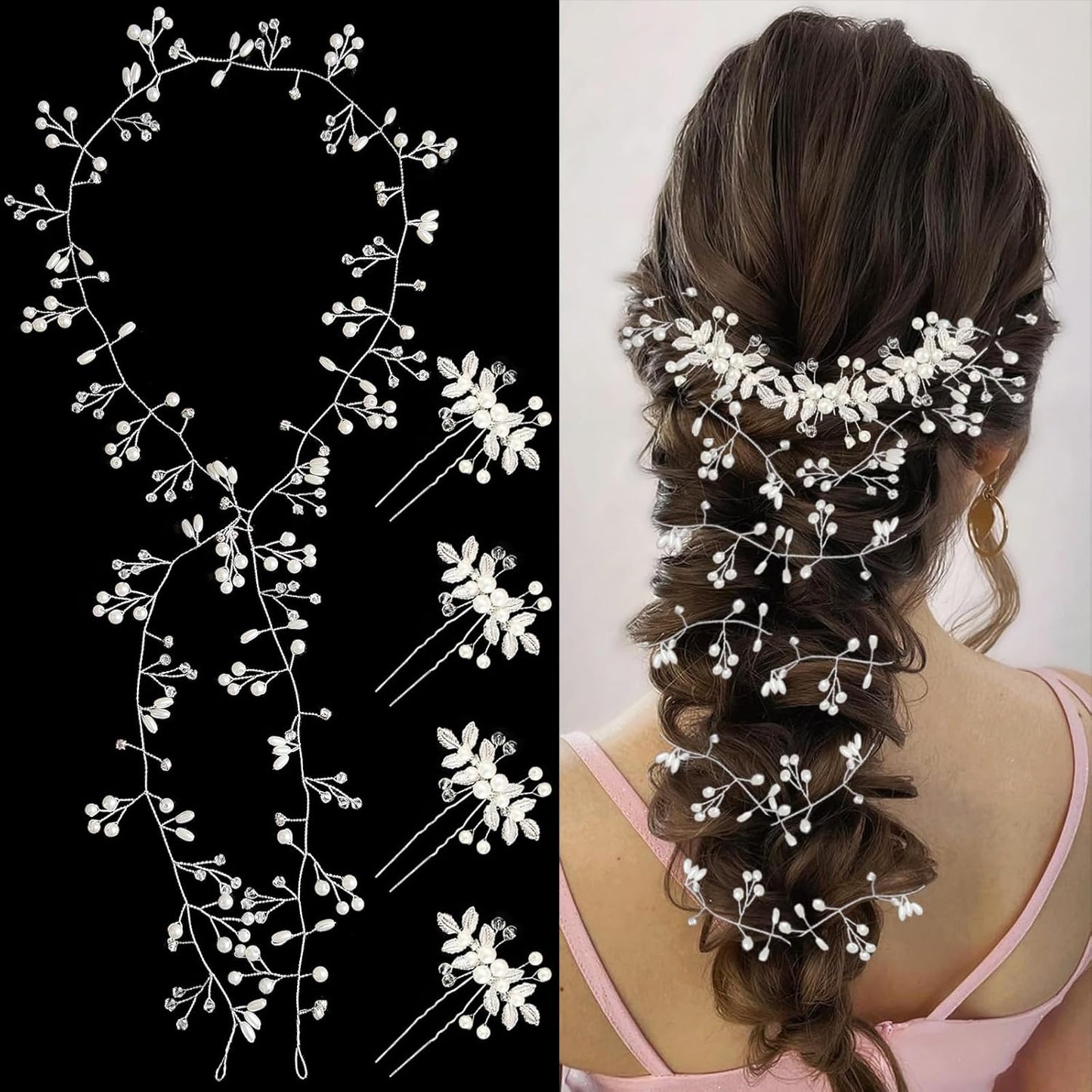 5Pcs Bridal Wedding Hair Accessories Extra Long Pearl Mid-Century Modern Style Hair Rattan Hairpin Accessories (Silver)