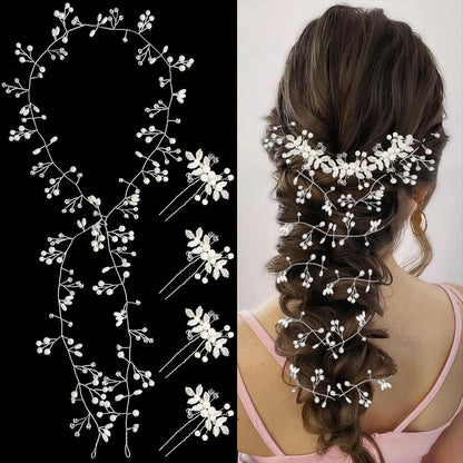 5Pcs Bridal Wedding Hair Accessories Extra Long Pearl Mid-Century Modern Style Hair Rattan Hairpin Accessories (Silver)