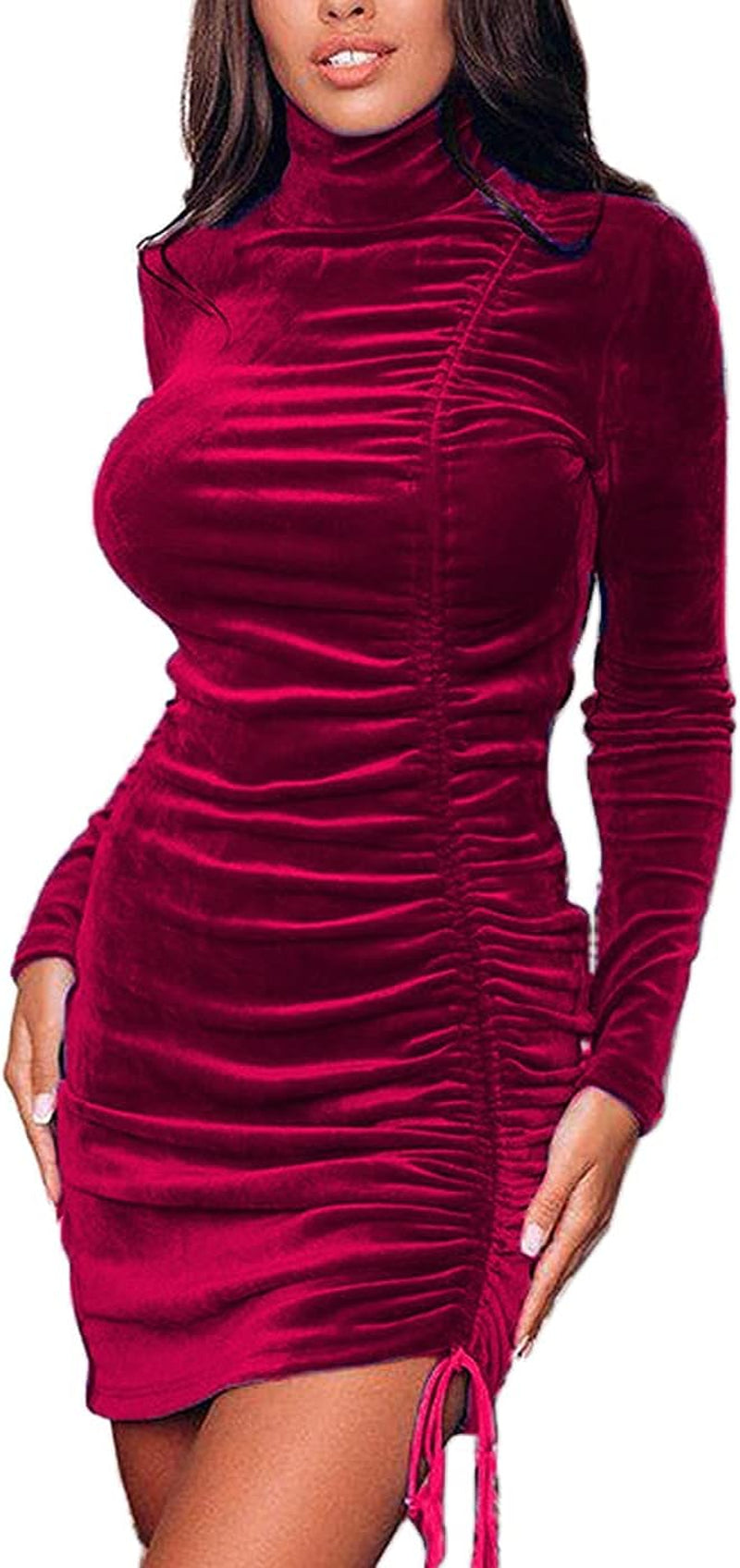 Womens Velvet Long Sleeve Bodycon Dresses, Elegant Turtleneck Wrap Ruched Side Drawstring Cocktail Party Mini Dress (Wine Red, S)