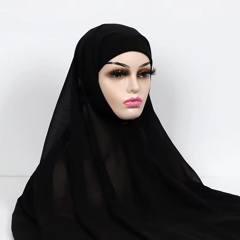 Instant Hijabs with Cap Plain Chiffon Jersey Hijabs for Woman Veil Muslim Islamic Hijab Cap Scarf for Women'S Hijabs Headscarf