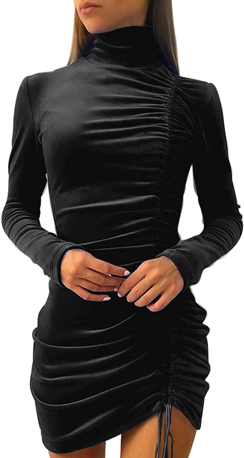 Womens Velvet Long Sleeve Bodycon Dresses, Elegant Turtleneck Wrap Ruched Side Drawstring Cocktail Party Mini Dress (Black, 3XL)