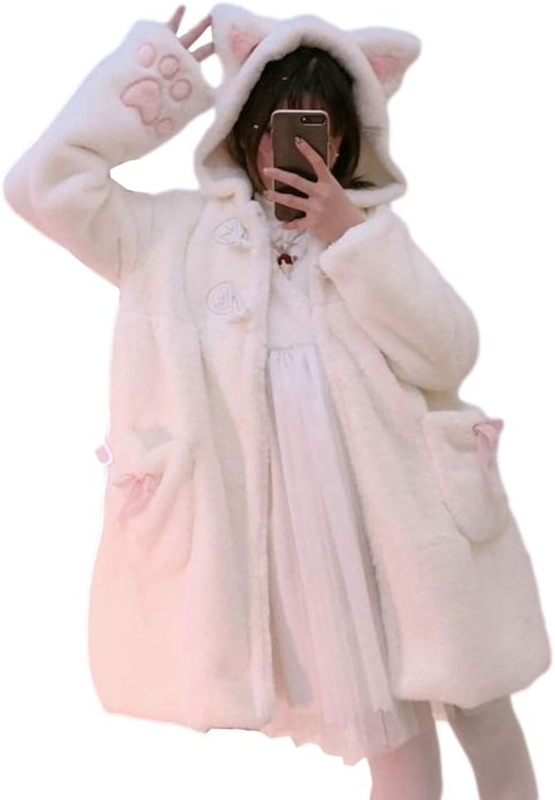 Kawaii Anime Cute Rabbit Ears Hooded for Women Sweet Lovely Plush Velvet Lolita Warm Coat Jacket Parka