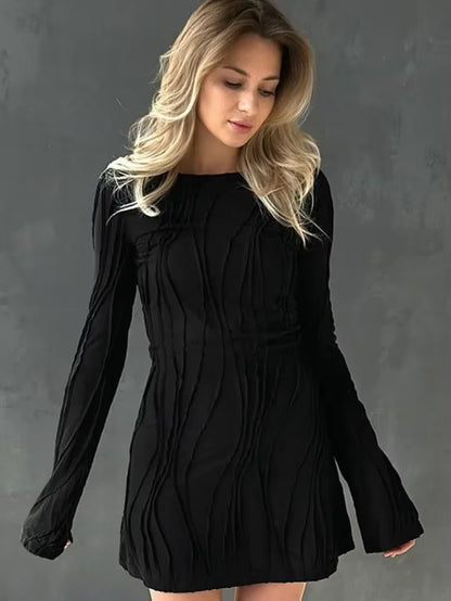 One Piece Solid Dresses O-Neck Long Sleeves Streetwear Sexy Casual Bright Line Decoration Dress for Women Fashion Women Clothing