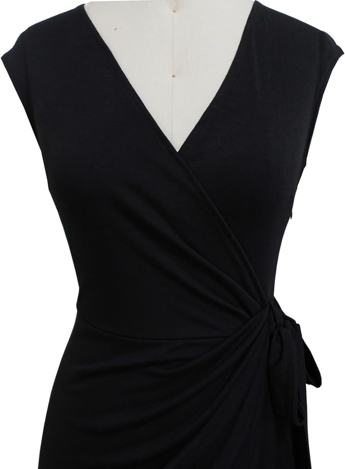 Women'S Vintage V-Neck Sheath Casual Party Work Faux Black Wrap Dress