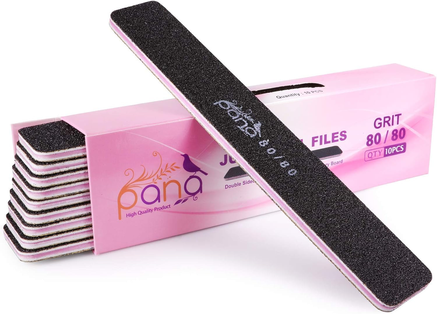 10Pcs -  Jumbo Double-Sided Emery Nail File for Manicure, Pedicure, Natural, and Acrylic Nails - Black (Grit 80/80)