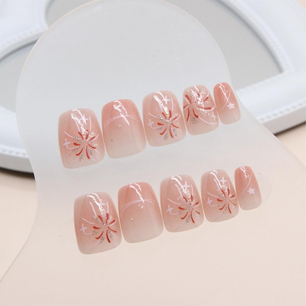 24Pcs Acrylic Press on Nails Short Square Fake Nails Pink White Ombre False Nails with Fireworks Show Press Ons Designs Nails Press on Artificial Nails Stick on Nails for Women Girls