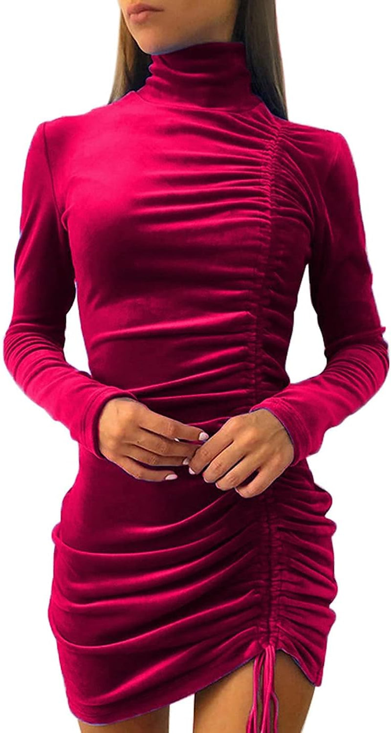 Womens Velvet Long Sleeve Bodycon Dresses, Elegant Turtleneck Wrap Ruched Side Drawstring Cocktail Party Mini Dress (Wine Red, S)