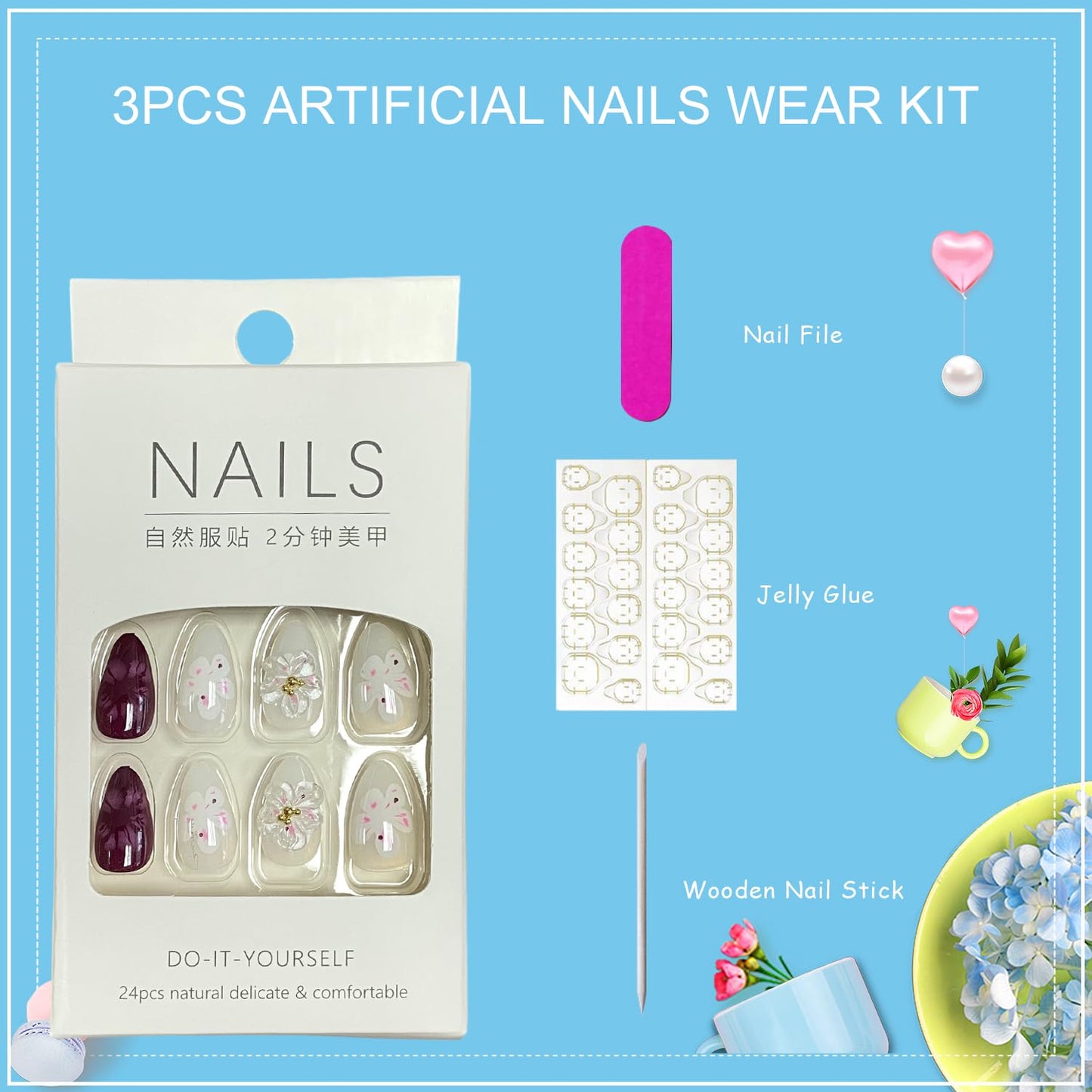 3D Flowers Press on Nails Short Almond Fake Nails with Gold Pearls Cat Claws Designs Gradient False Nails Full Cover Stick on Nails Acrylic Artificial Nails for Women Glue on Nails 30Pcs