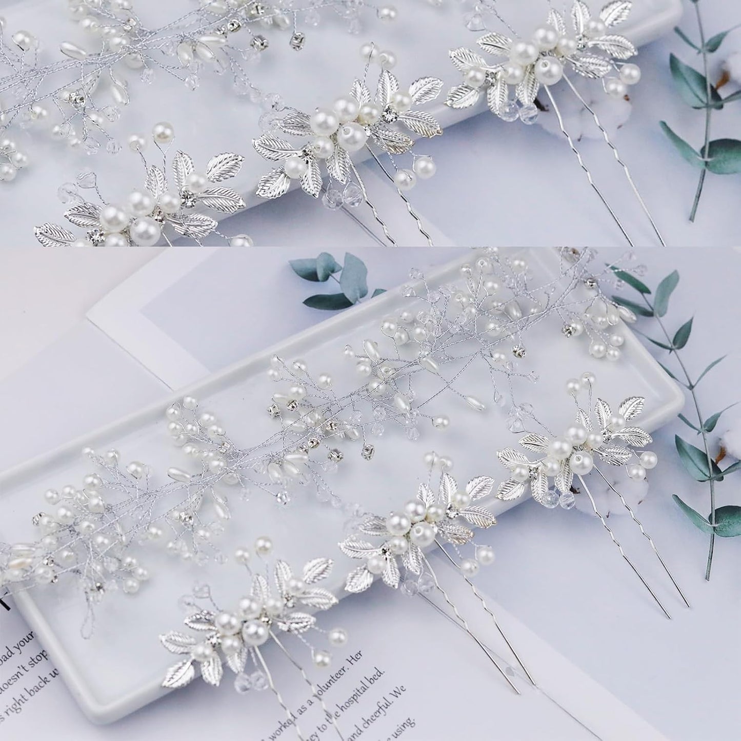 5Pcs Bridal Wedding Hair Accessories Extra Long Pearl Mid-Century Modern Style Hair Rattan Hairpin Accessories (Silver)