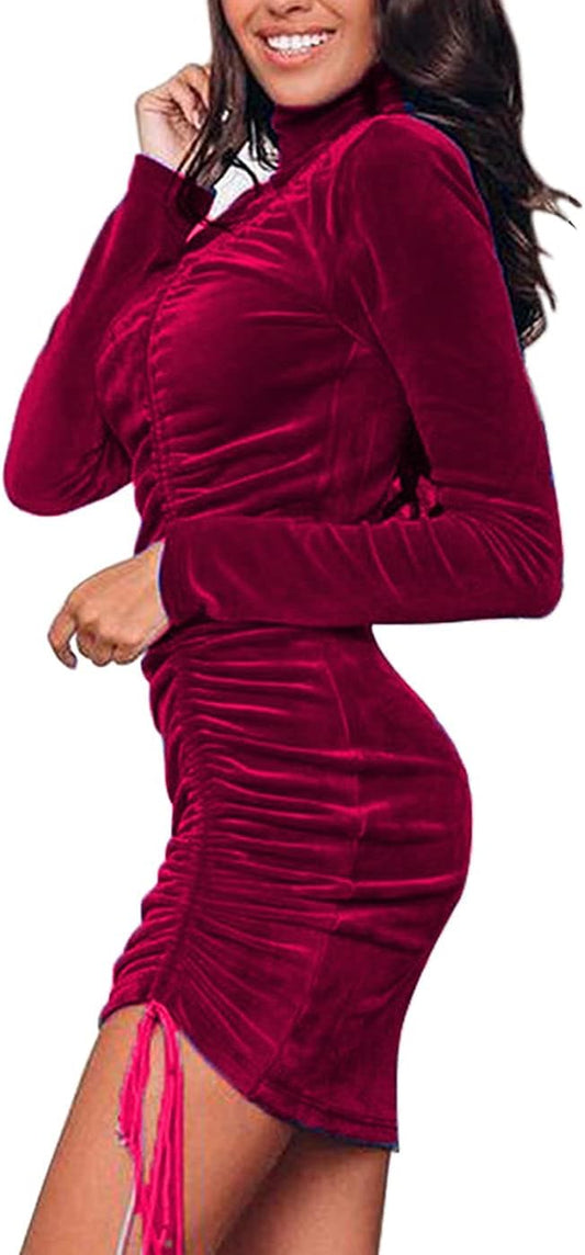 Womens Velvet Long Sleeve Bodycon Dresses, Elegant Turtleneck Wrap Ruched Side Drawstring Cocktail Party Mini Dress (Wine Red, S)