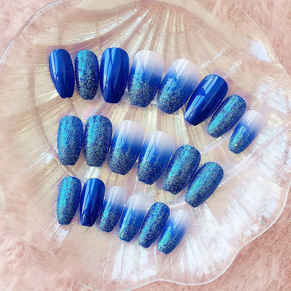 Medium Coffin Press on Nails, Blue Ombre Fake Nails, Glossy Glue on Nails, Sparkly Acrylic Nails, Bling Glitter Artificial Nails, Ballerina False Nails with Design 24 Pcs