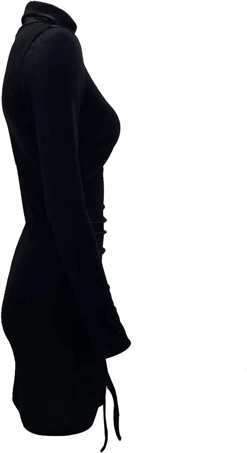 Womens Velvet Long Sleeve Bodycon Dresses, Elegant Turtleneck Wrap Ruched Side Drawstring Cocktail Party Mini Dress (Black, 3XL)