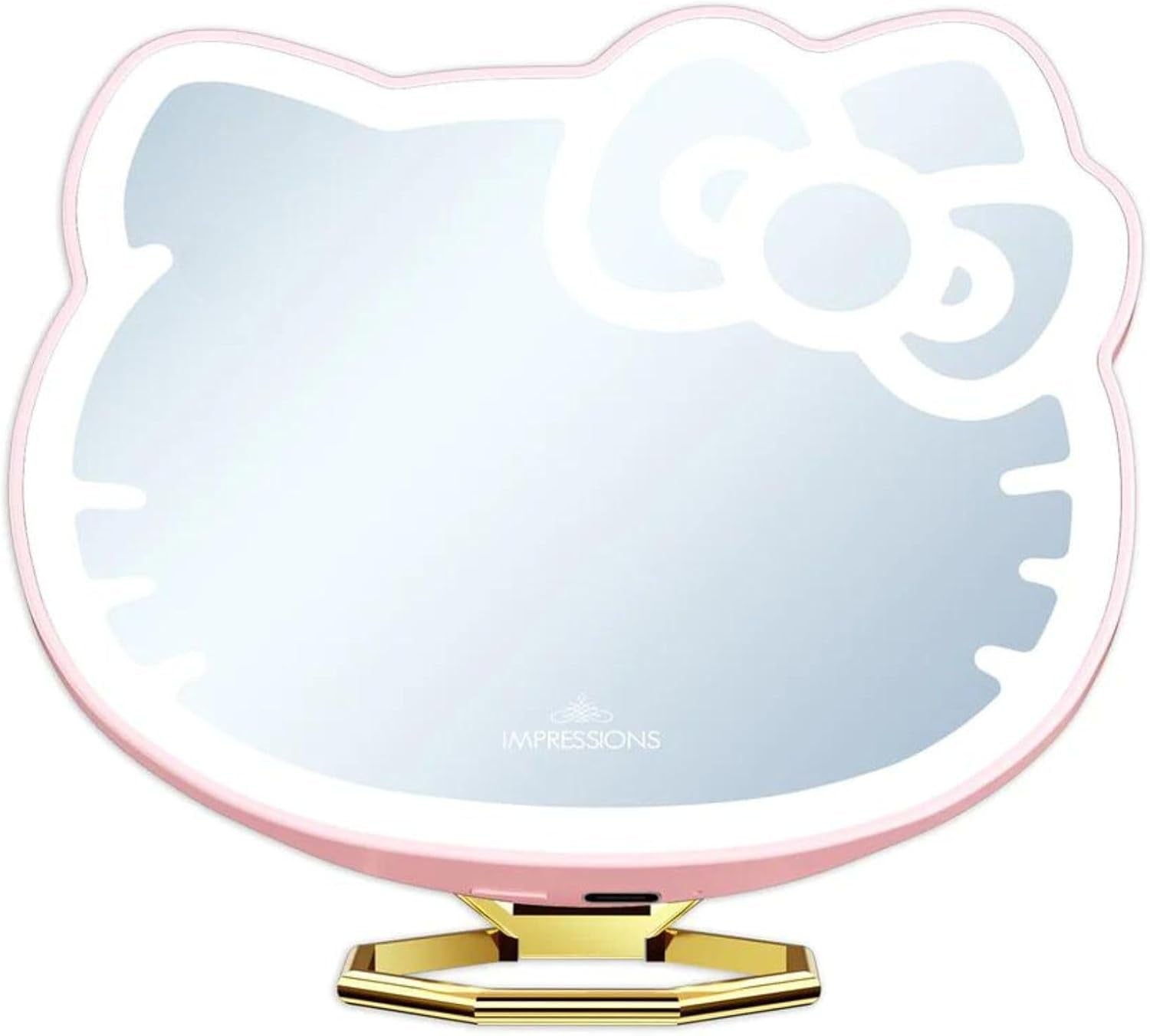 Impressions Vanity Hello Kitty 3X Magnifying Pocket Mirror with Stand, Adjustable Brightness Daylight LED Lighted Compact Makeup Mirror for Desk, Travel, Purse (Pink)