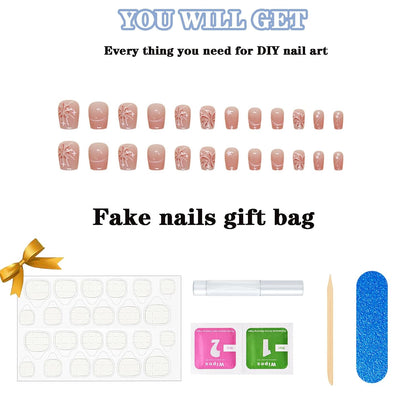 24Pcs Acrylic Press on Nails Short Square Fake Nails Pink White Ombre False Nails with Fireworks Show Press Ons Designs Nails Press on Artificial Nails Stick on Nails for Women Girls