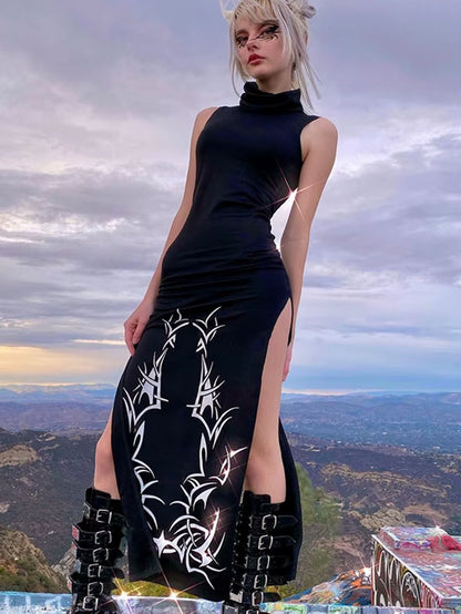 Gothic Print Dress for Women Summer Turtleneck Dark Academia Fashion Long Dress Harajuku Sleeveless Black Dresse