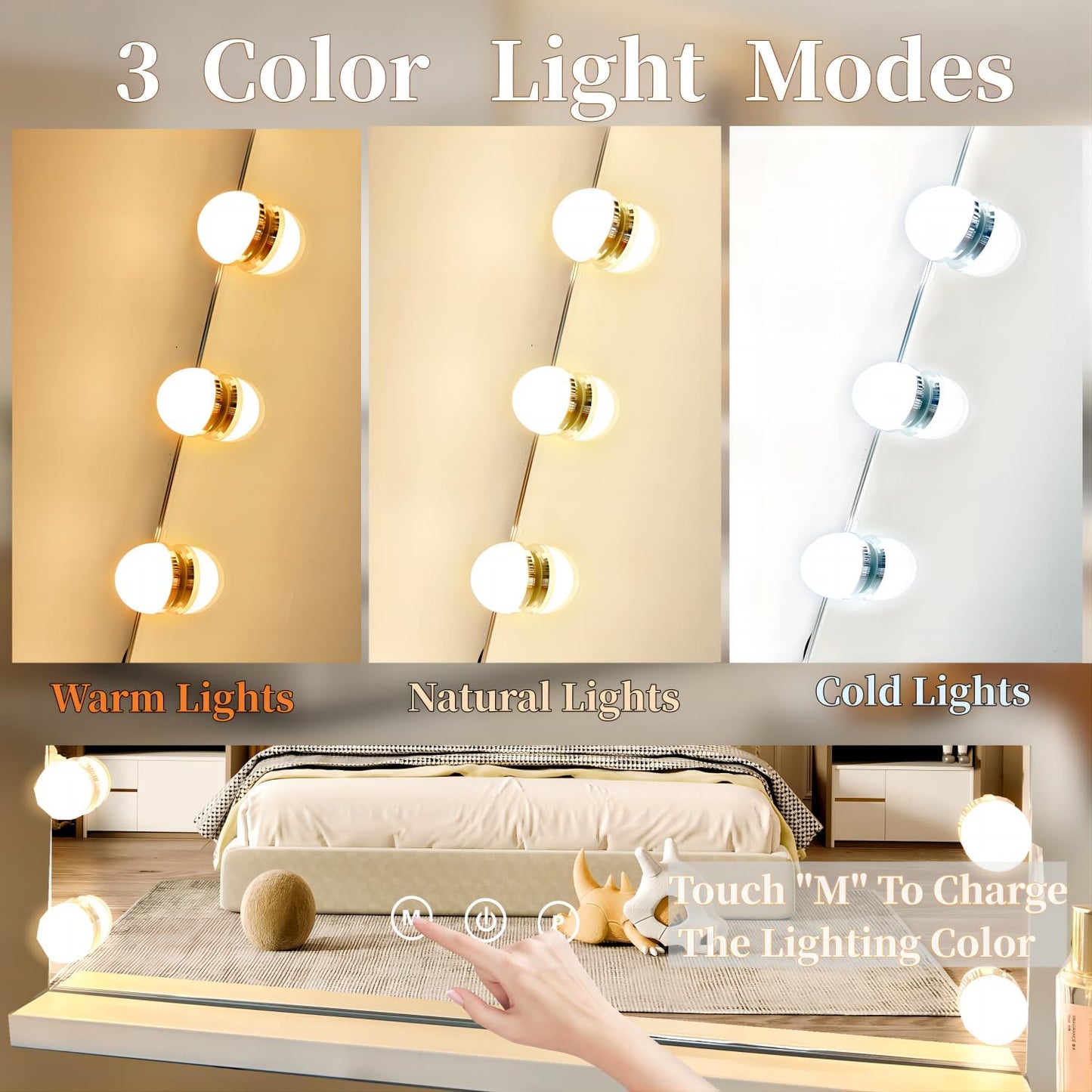 Vanity Mirror with Lights,Makeup Mirror with Lights with 17 Dimmable LED Bulbs, 3 Color Lighting Modes Detachable 10X Magnification Mirror Touch Control, 23.6X19,7 Inch, White