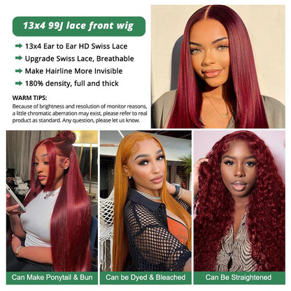 99J Burgundy 13X4 Lace Front Wigs Human Hair 180% Density 28 Inch Straight Lace Front Wigs Human Hair Glueless Wigs Human Hair Wig for Women with Baby Hair