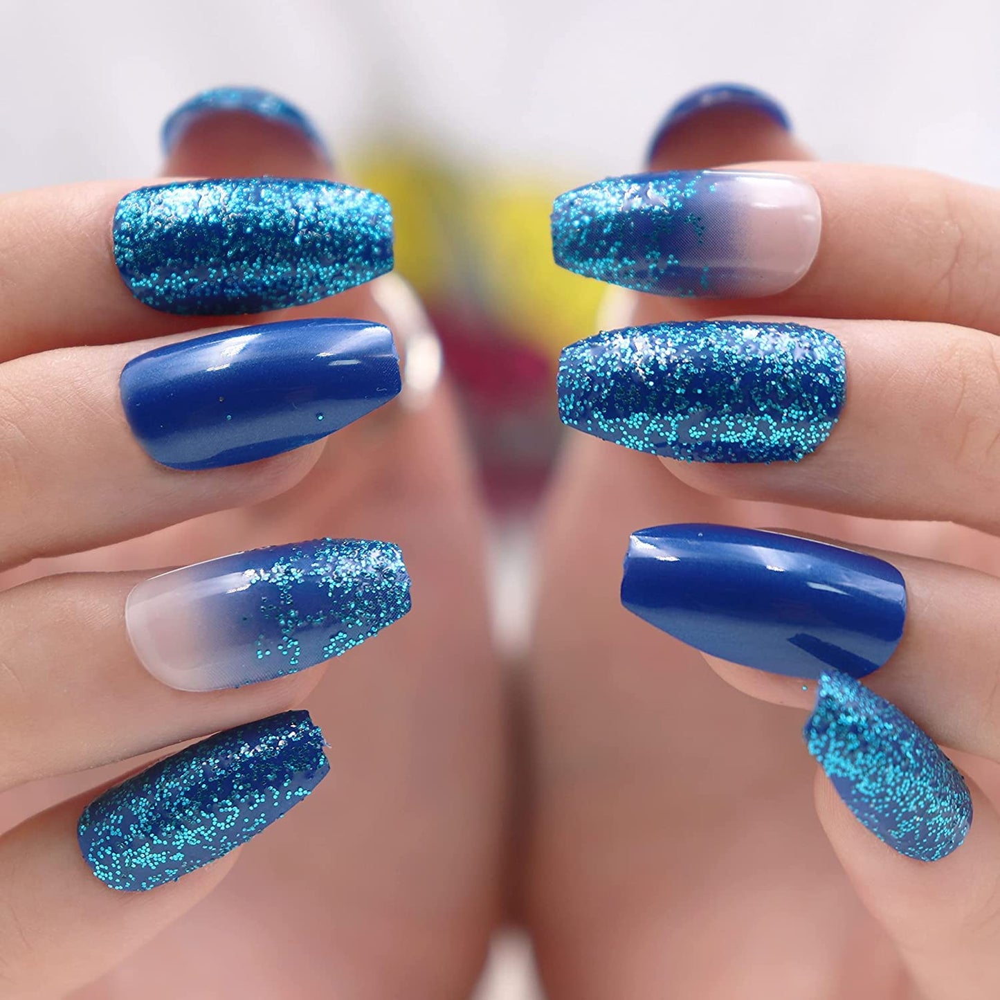 Medium Coffin Press on Nails, Blue Ombre Fake Nails, Glossy Glue on Nails, Sparkly Acrylic Nails, Bling Glitter Artificial Nails, Ballerina False Nails with Design 24 Pcs