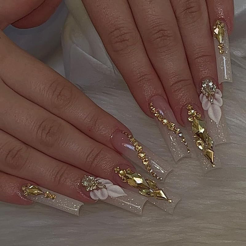 Press on Nails,Long Press on Nails Square,Long Nails,Long Fake Nails,Long Nails Press On，For Prom/Party/Holiday,Gift for Women (Khaki,With Flower and Rhinestones Design)