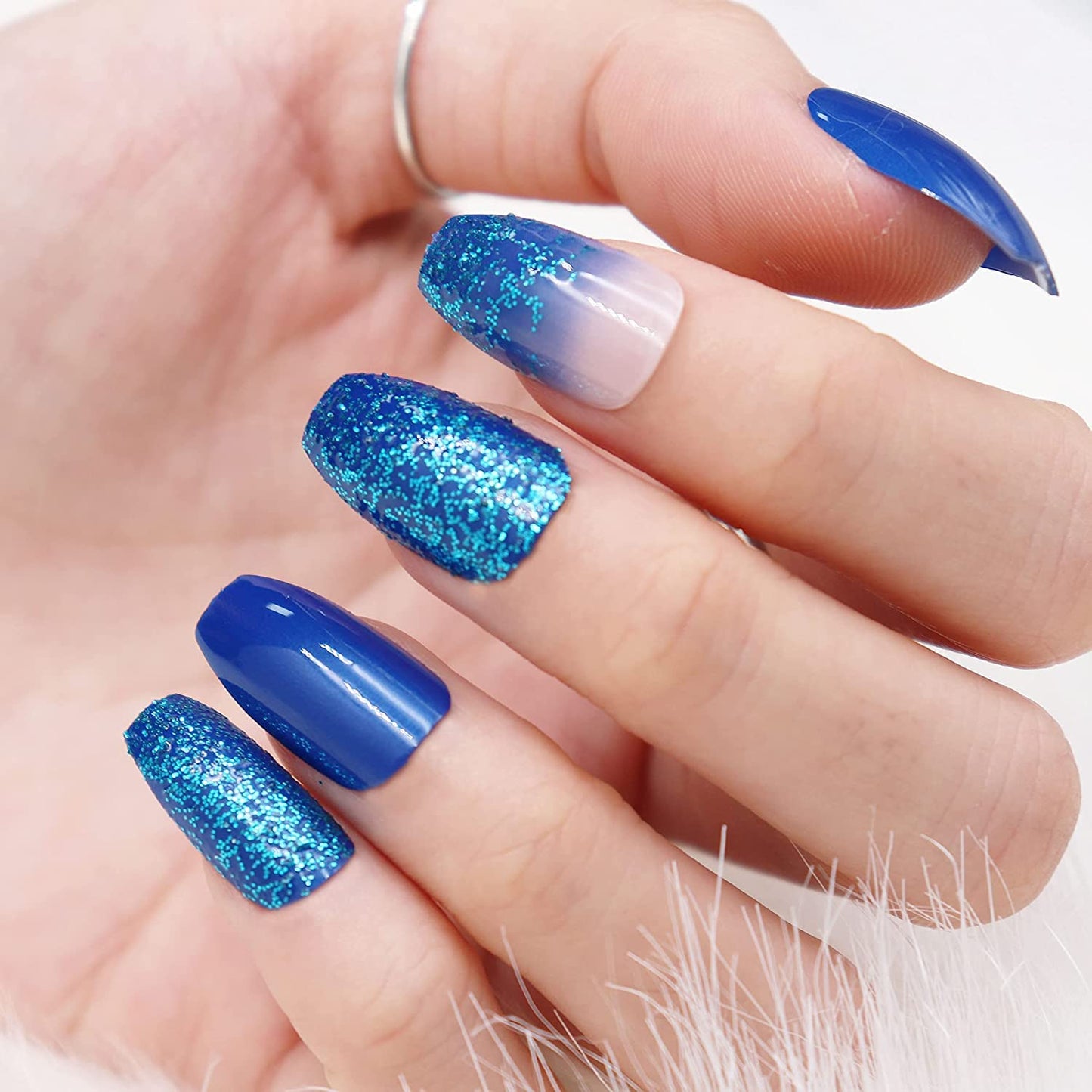 Medium Coffin Press on Nails, Blue Ombre Fake Nails, Glossy Glue on Nails, Sparkly Acrylic Nails, Bling Glitter Artificial Nails, Ballerina False Nails with Design 24 Pcs