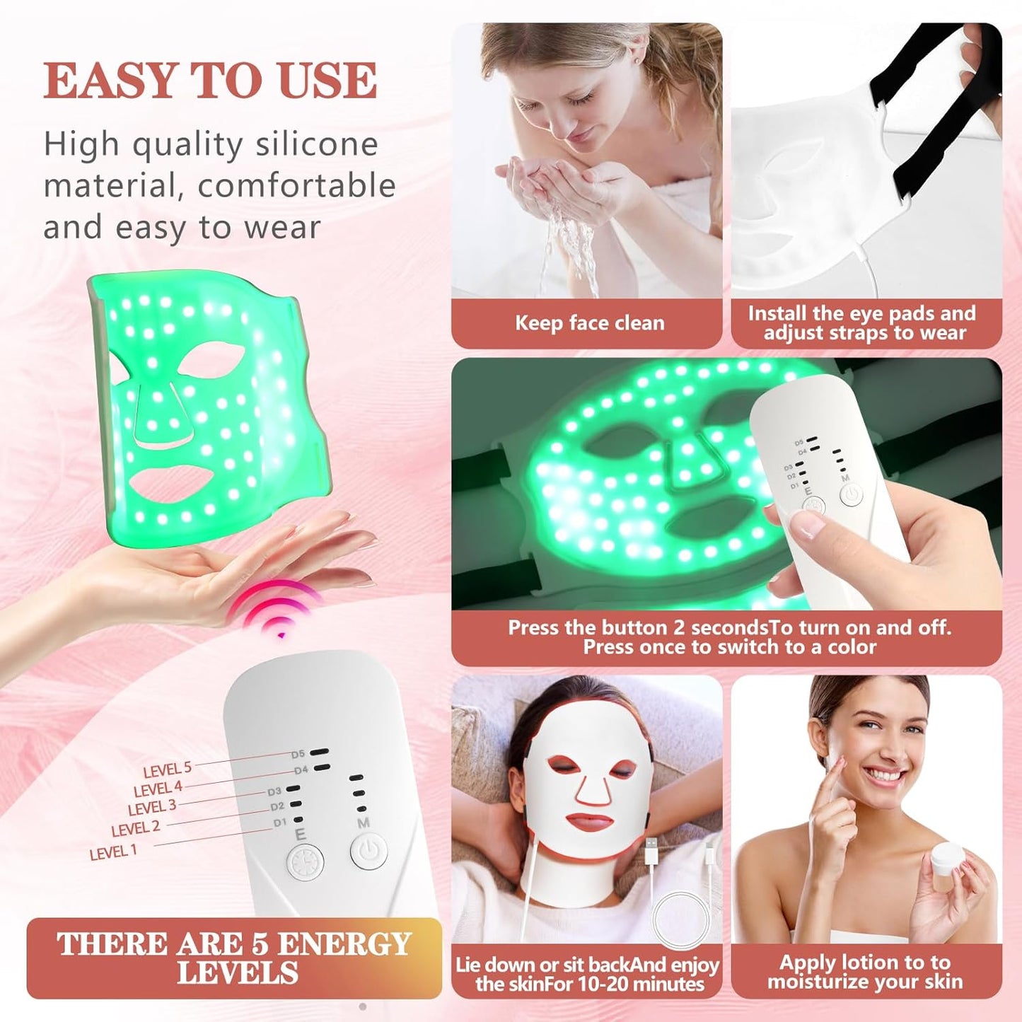 7 Colors Led Face Mask Light Therapy,Red Light Therapy for Face,Red Light Therapy for Face and Neck,Led Mask Light Therapy at Home,Portable,Led Face Mask Can Be Used at Home and Travel,White