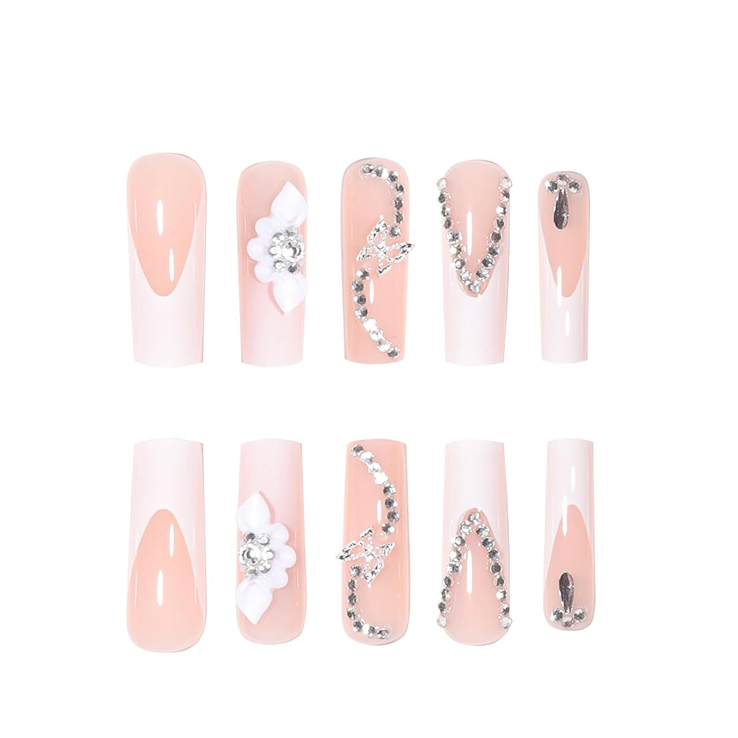 French Tip Press on Nails Long Square Fake Nails Glossy Nude False Nails with 3D Rhinestones Design White French Tip Glue on Nails Flower Butterfly Nail Charms for Women Girls Nail Decor 24Pcs