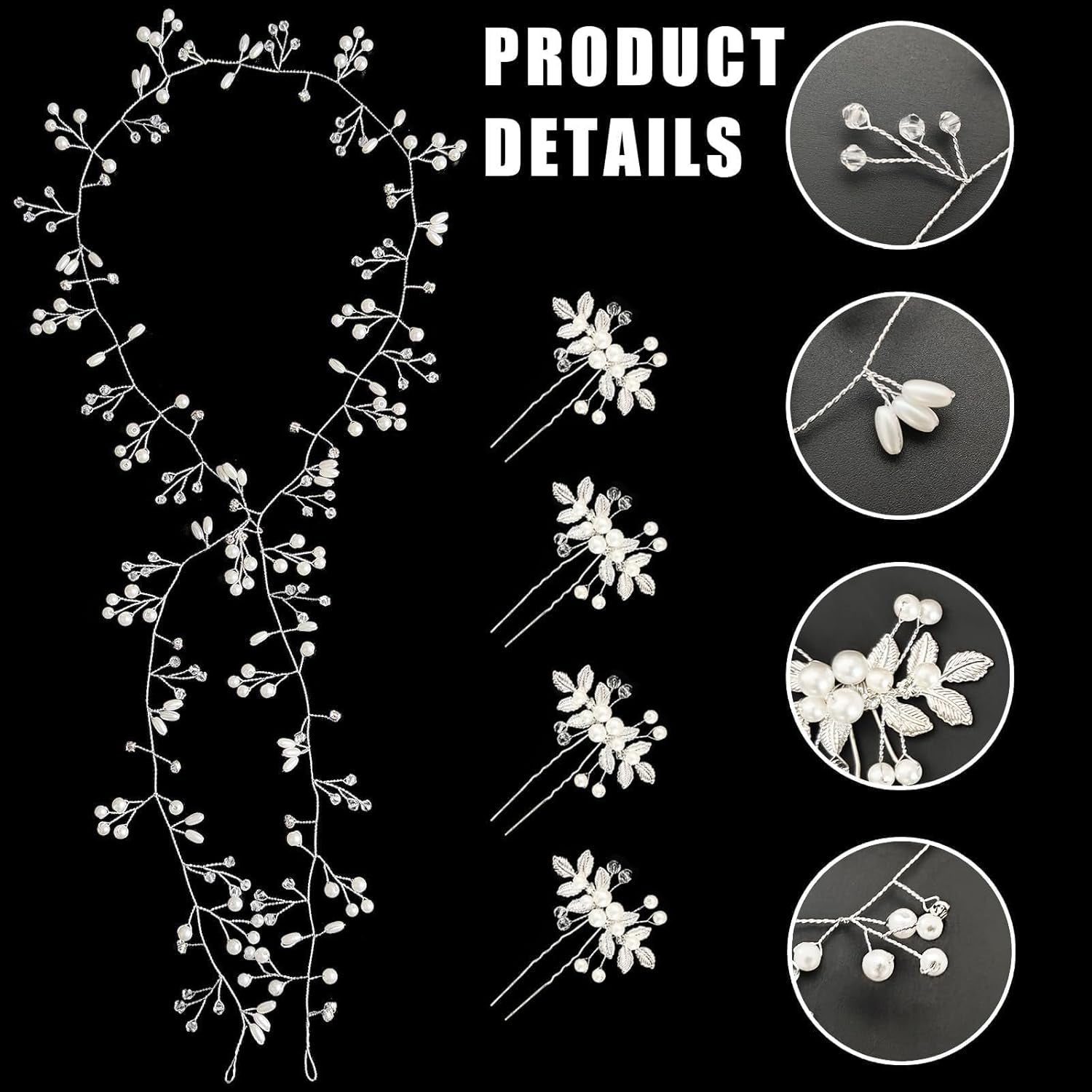 5Pcs Bridal Wedding Hair Accessories Extra Long Pearl Mid-Century Modern Style Hair Rattan Hairpin Accessories (Silver)