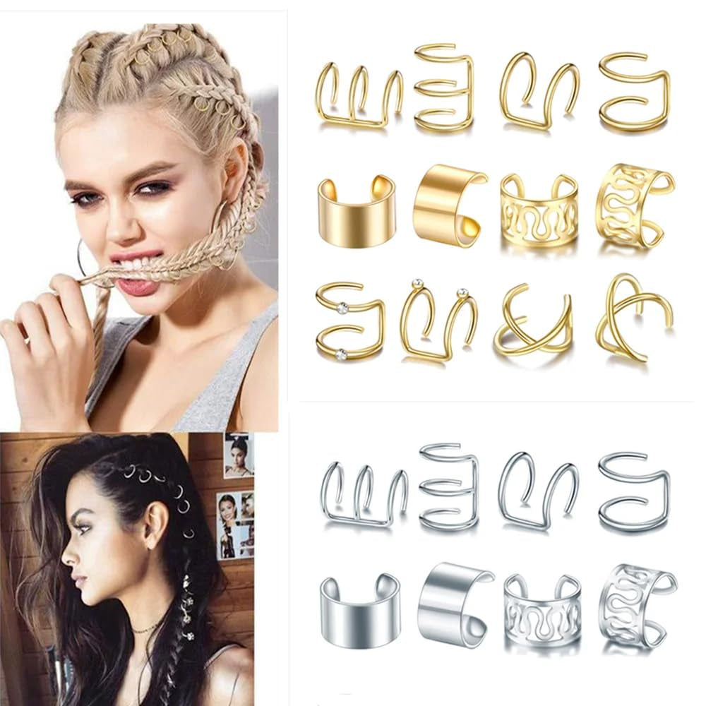 48PCS Gold Silver Black and Rose Hair Braids Dreadlock with Crystal Rhinestone Beads Accessories Non-Piercing Ear Clip Beard Beads Cuffs Clip for Women Men Hair Style