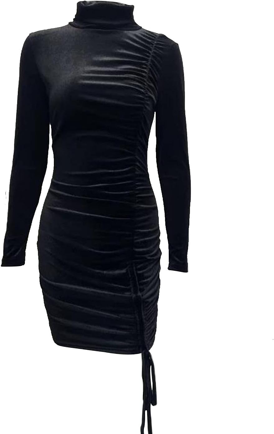 Womens Velvet Long Sleeve Bodycon Dresses, Elegant Turtleneck Wrap Ruched Side Drawstring Cocktail Party Mini Dress (Black, 3XL)