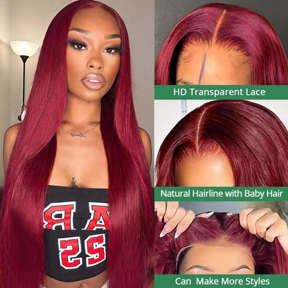 99J Burgundy 13X4 Lace Front Wigs Human Hair 180% Density 28 Inch Straight Lace Front Wigs Human Hair Glueless Wigs Human Hair Wig for Women with Baby Hair